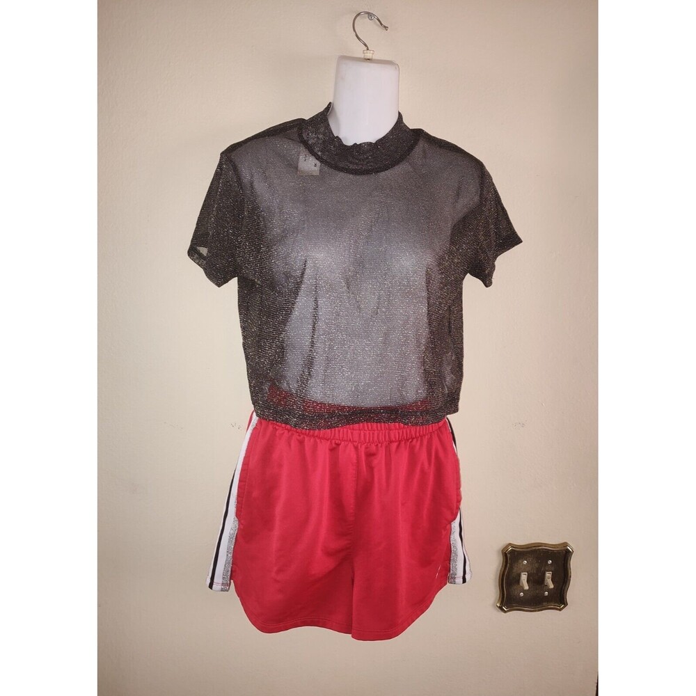2 pc Women Silver Sheer Top Size M with Red Victoria's Secret Pink Shorts Size M